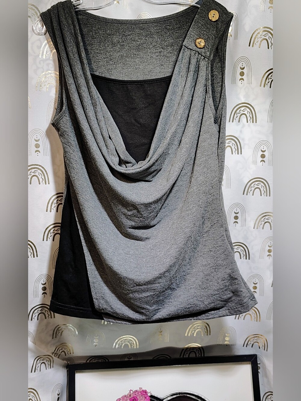 SHEIN Gray and Black Draped Cowl Neck Tank Top